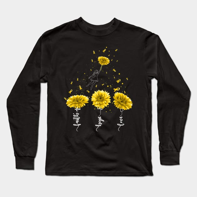 Faith Hope Love Yellow Sunflower Childhood Cancer Awareness Long Sleeve T-Shirt by eldridgejacqueline